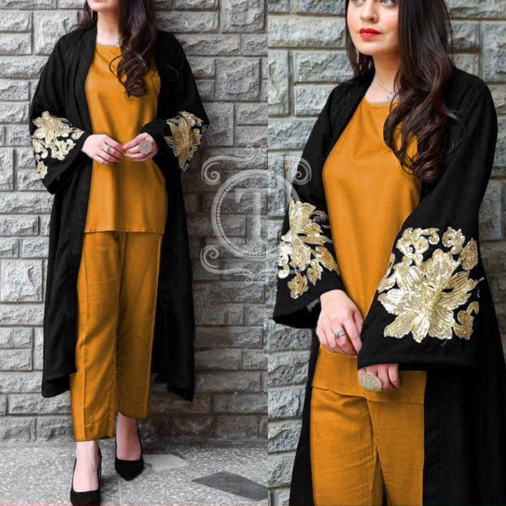 Embroidered Gown With Different Color Inner And Trouser