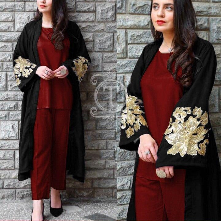 Embroidered Gown With Different Color Inner And Trouser