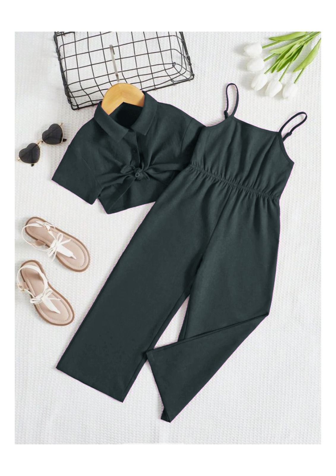 Solid Cami Jumpsuit with Tie Front Blouse