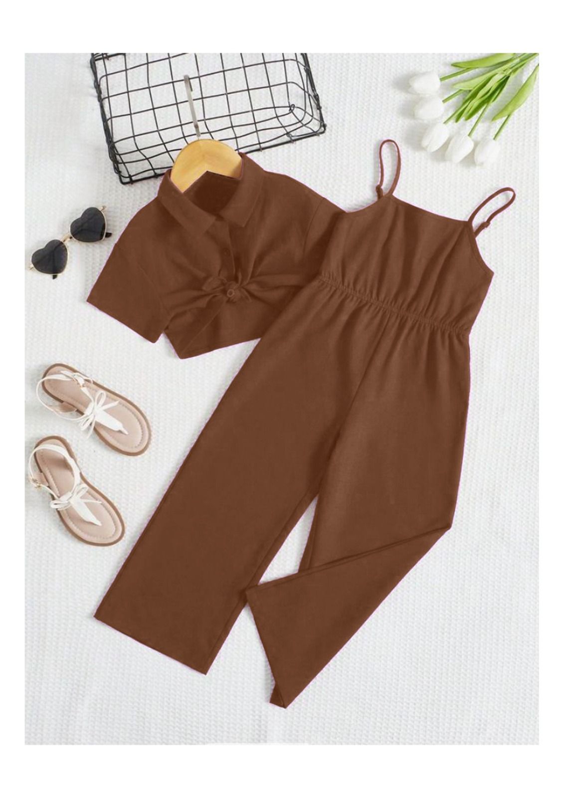 Solid Cami Jumpsuit with Tie Front Blouse