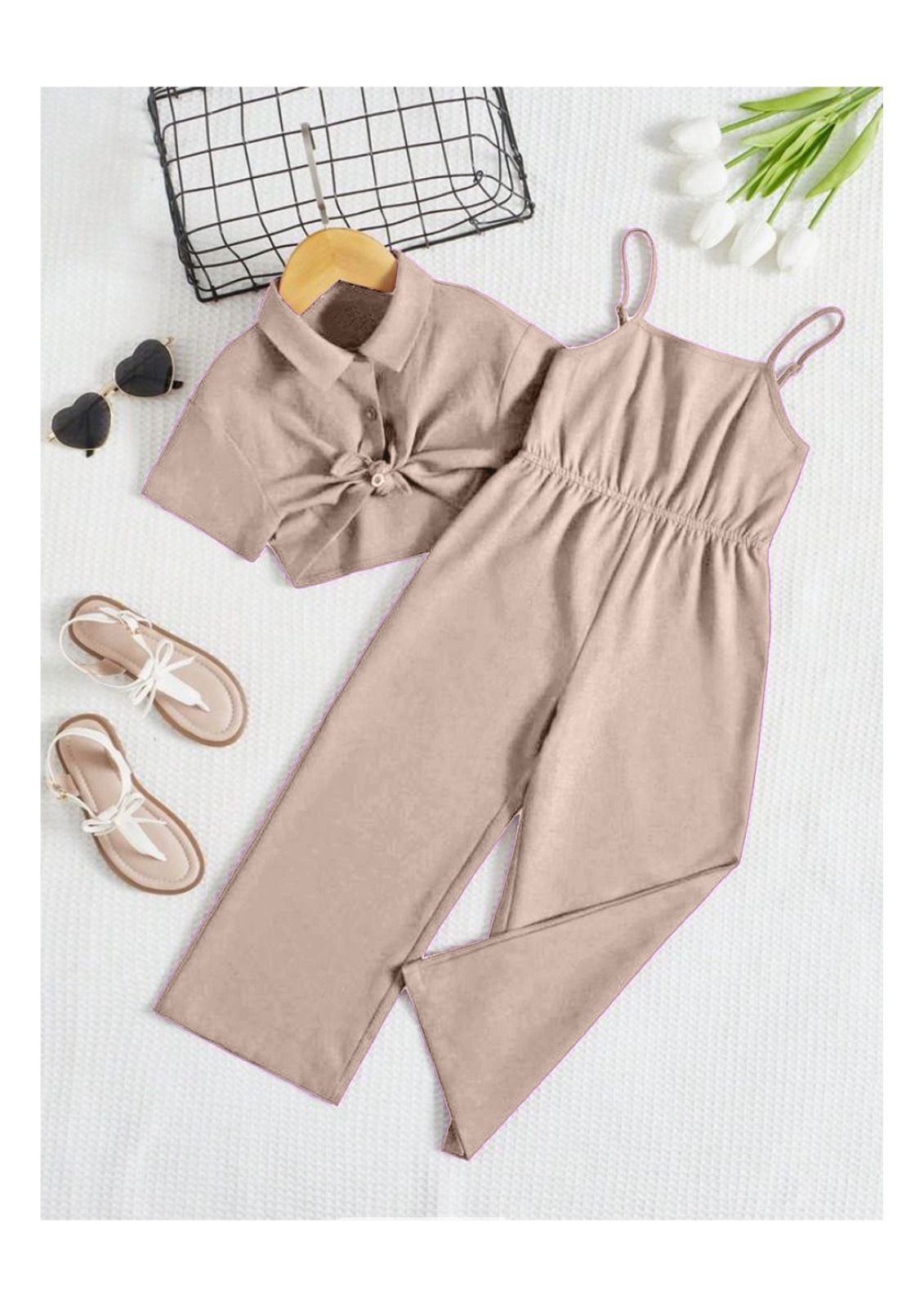 Solid Cami Jumpsuit with Tie Front Blouse