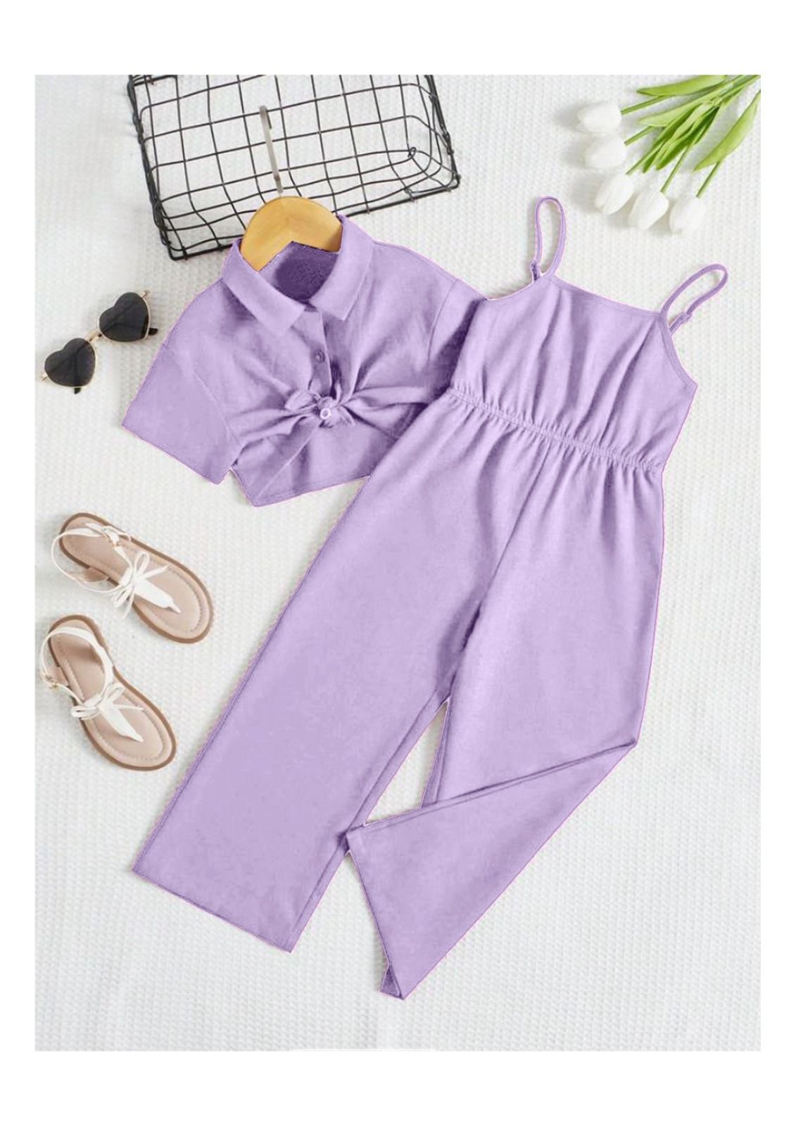 Solid Cami Jumpsuit with Tie Front Blouse