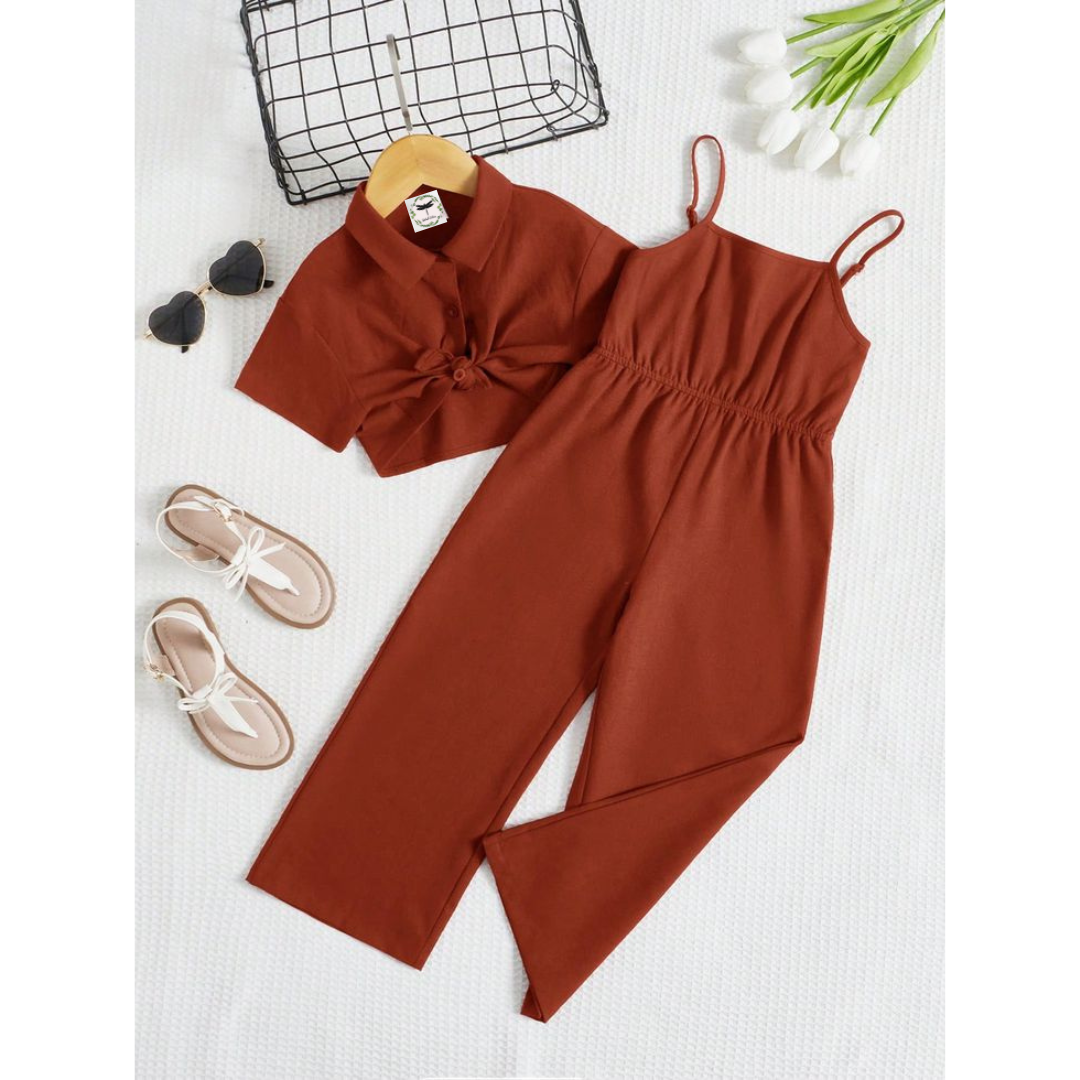 Solid Cami Jumpsuit with Tie Front Blouse